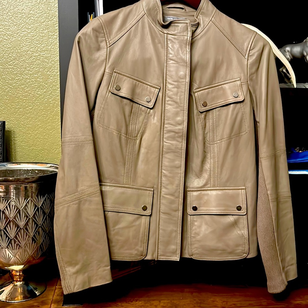 Vince leather jacket. Worn once. excellent condition. Knitting on each sleeve.